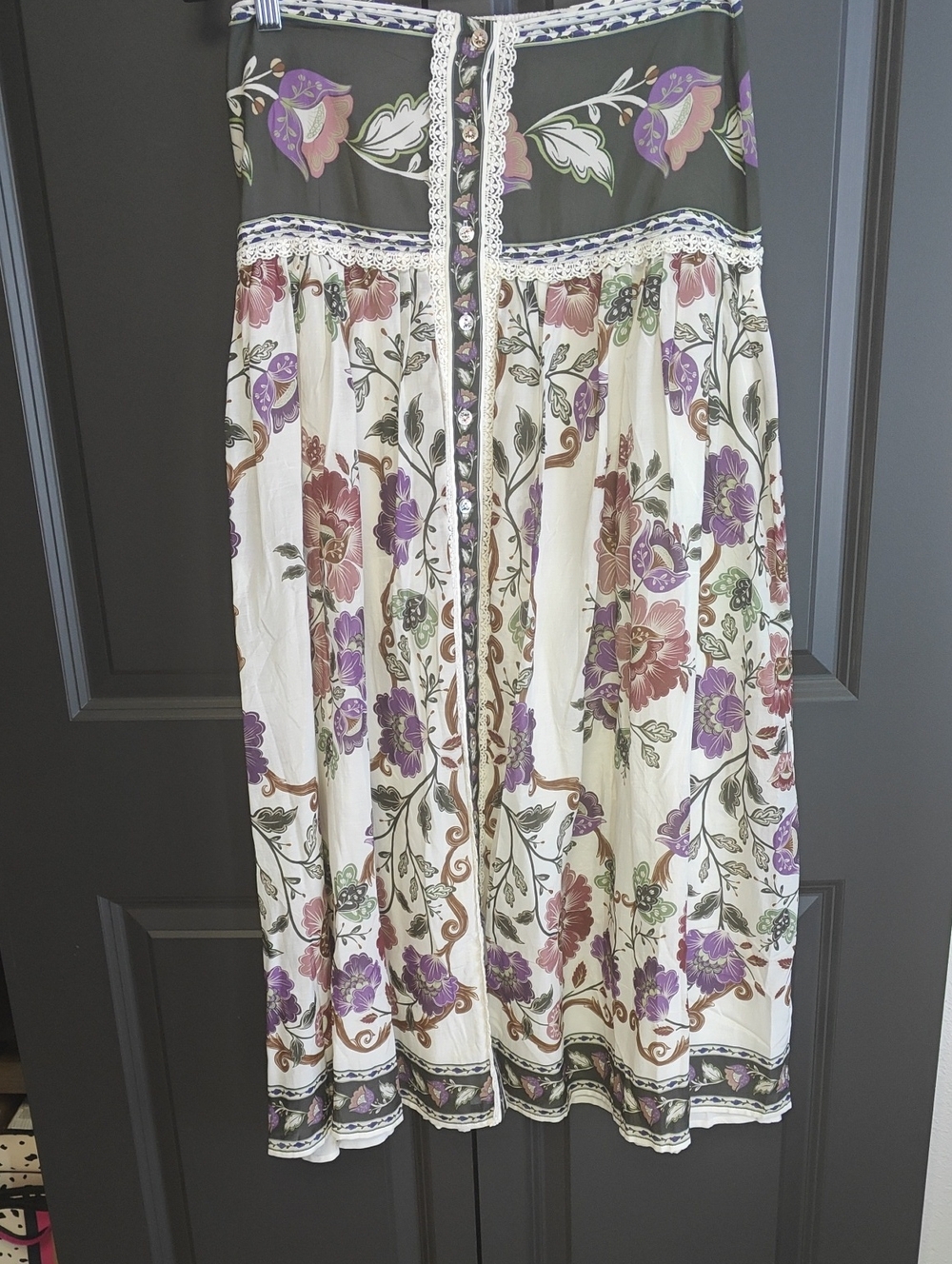 FARM Rio Floral Button-Front Midi Skirt in Cream, Purple and Army Green